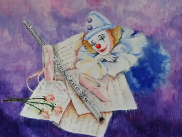 Deux petits chaussons sur le coeur d'un clown - Gouache