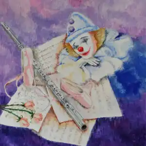 Deux petits chaussons sur le coeur d'un clown - Gouache